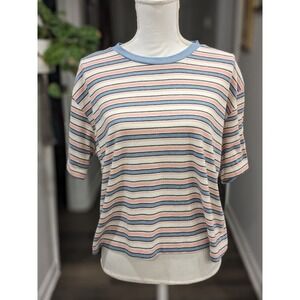 Topshop Short Sleeve Retro Y2K Crop Top w Blue, Pink White Black Stripes US 12